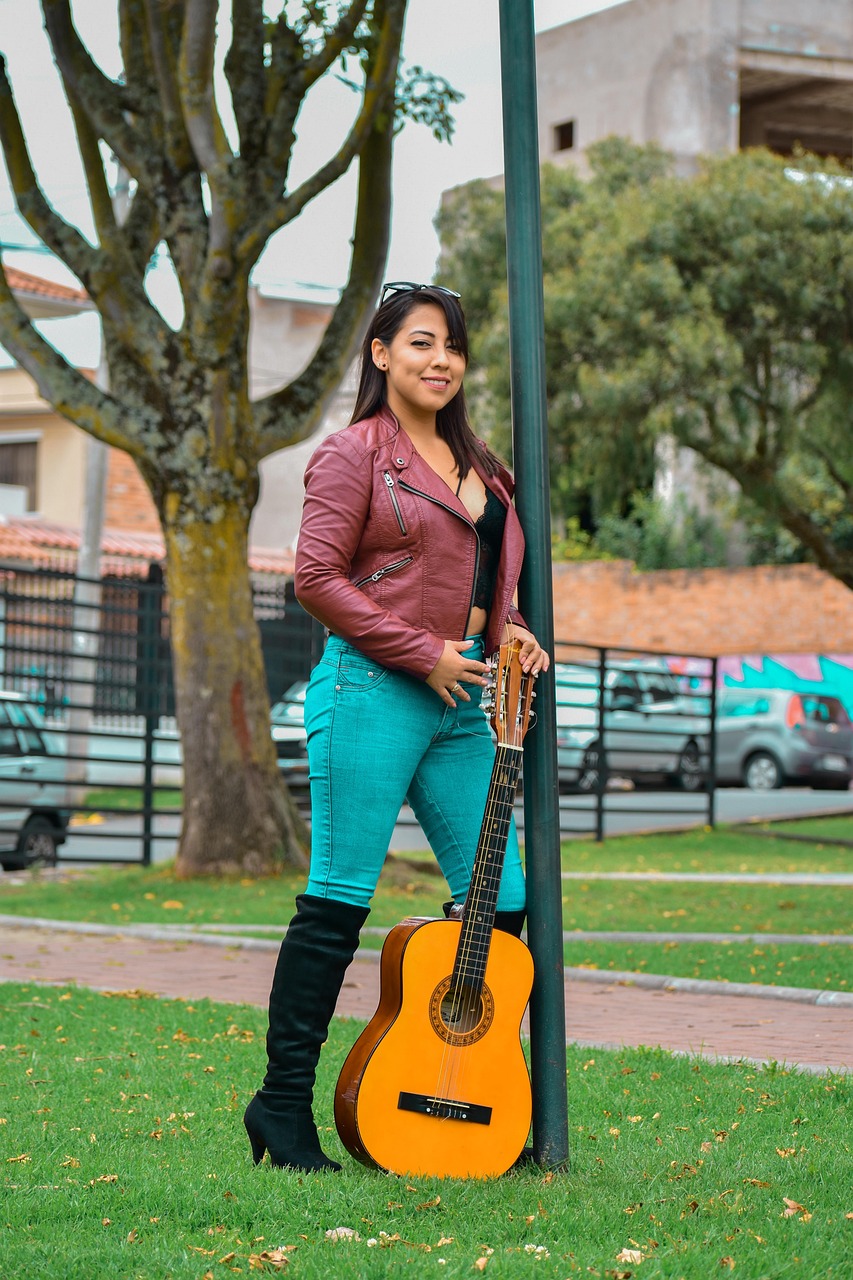 girl, woman, leather jacket, guitar, musician, park, acoustic guitar